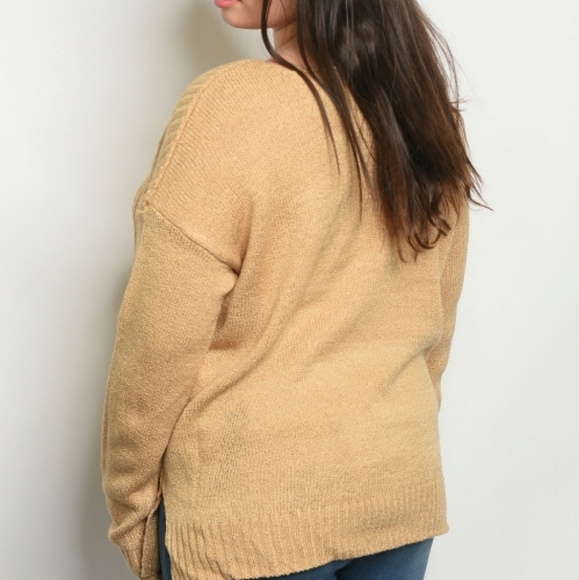 LONG SLEEVE V-NECK FLUFFY BEIGE PLUS SIZE SWEATER - Picture 2 of 2